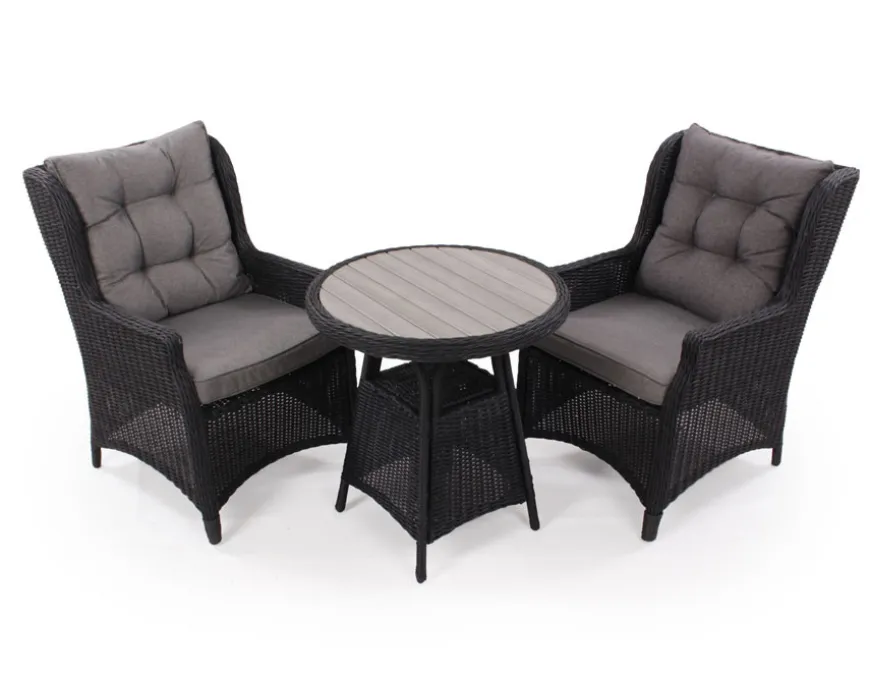 Rio sort Cafesæt m/2 loungestole - Ø 70 cm - m/vandafv. hynder