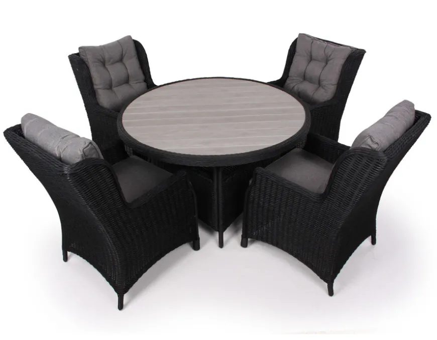 Rio Sort Havemøbelsæt m/4 loungestole - Ø 130 cm - m/vandafv. hynder