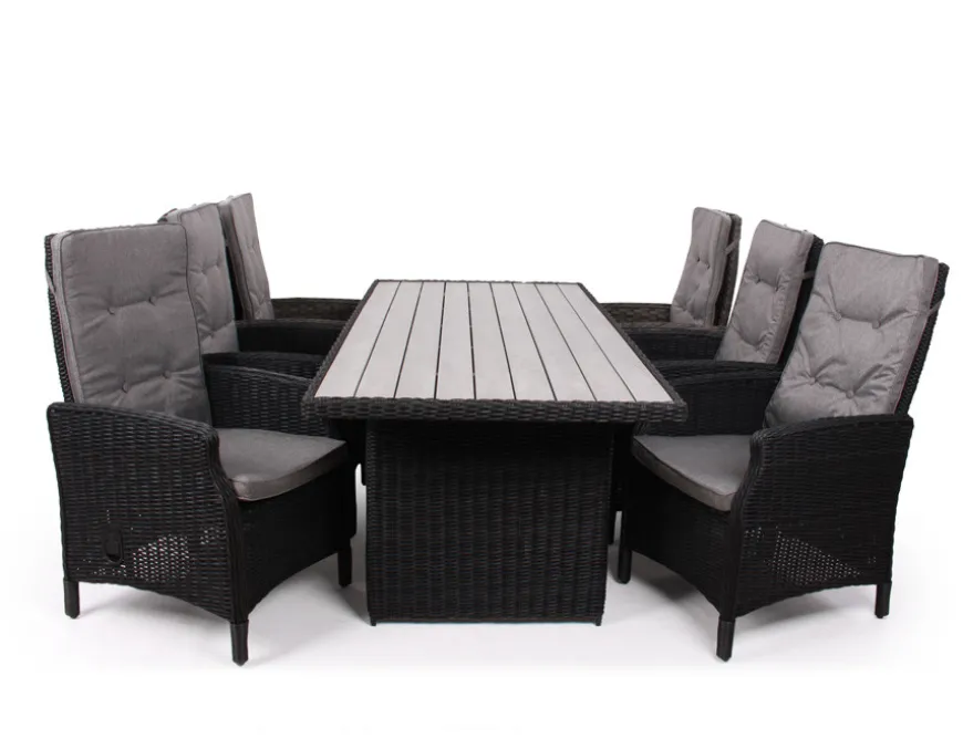 Rio Sort Havemøbelsæt m/6 pos stole - 94x210 cm - m/vandafv. hynder