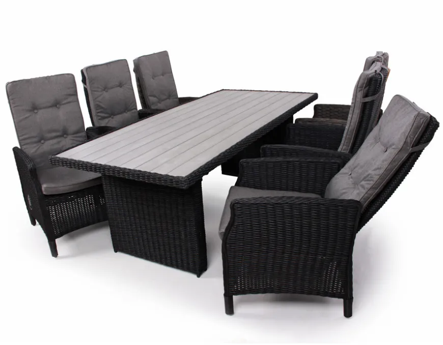 Rio Sort Havemøbelsæt m/6 pos stole - 94x210 cm - m/vandafv. hynder