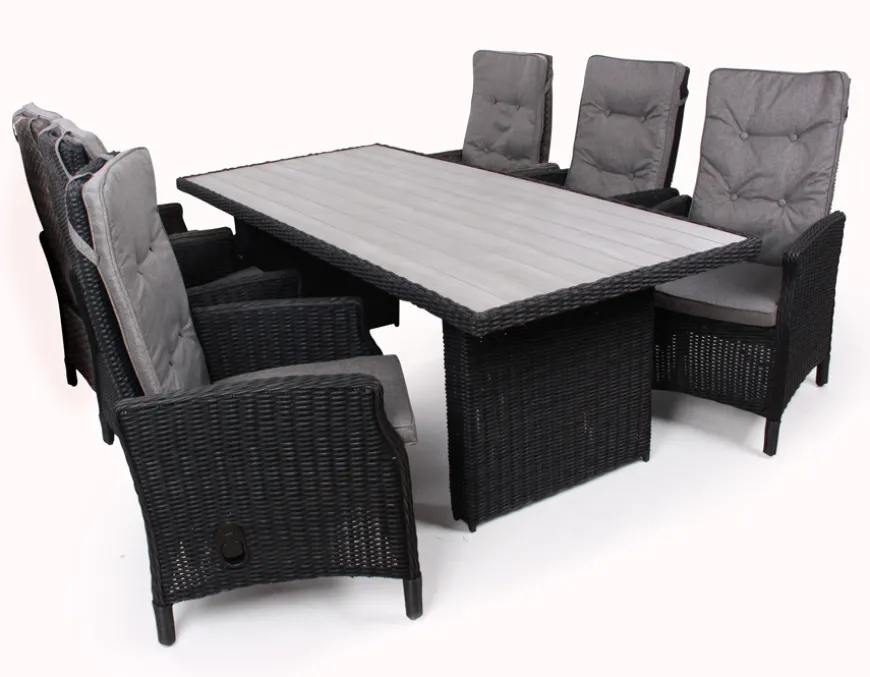 Rio Sort Havemøbelsæt m/6 pos stole - 94x210 cm - m/vandafv. hynder